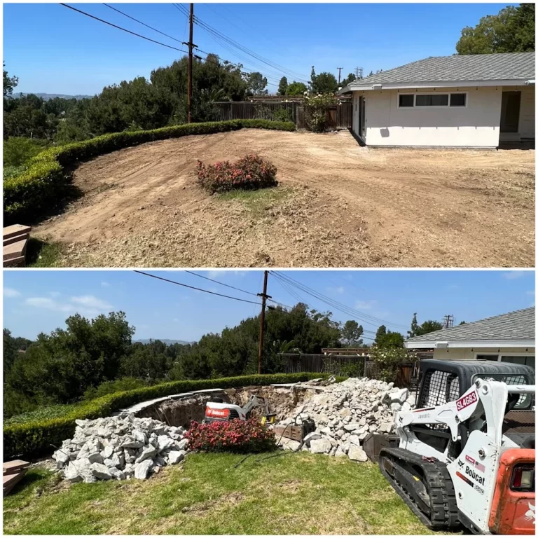 Pool removal site in Orange County, California, showing controlled demolition and engineered backfill process