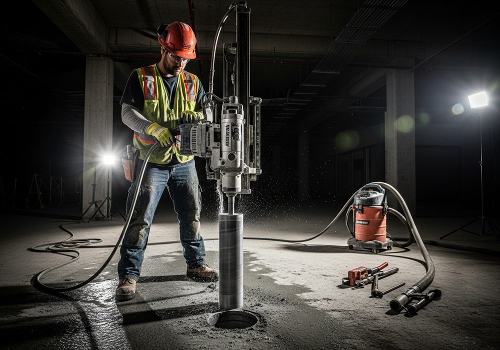 Operator core drilling a concrete slab at a cleared location.