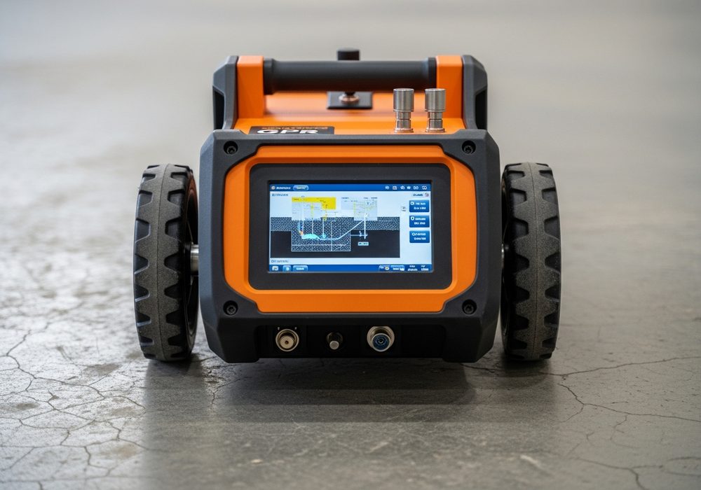 Close-up of the ground-penetrating radar scanning cart and display.