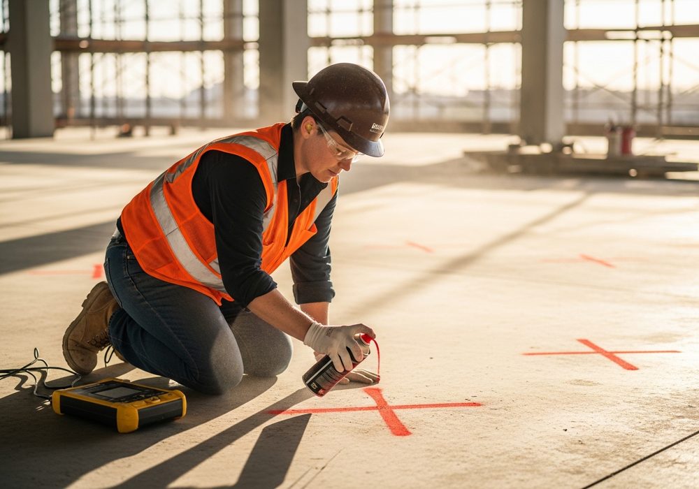 Technician marking located rebar and conduit on a concrete slab.