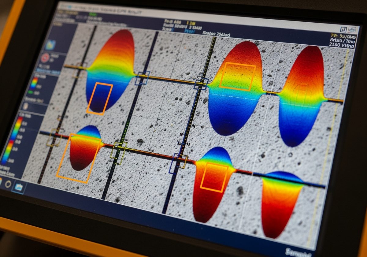 Live GPR scan readout showing rebar and conduit signatures inside a concrete slab.