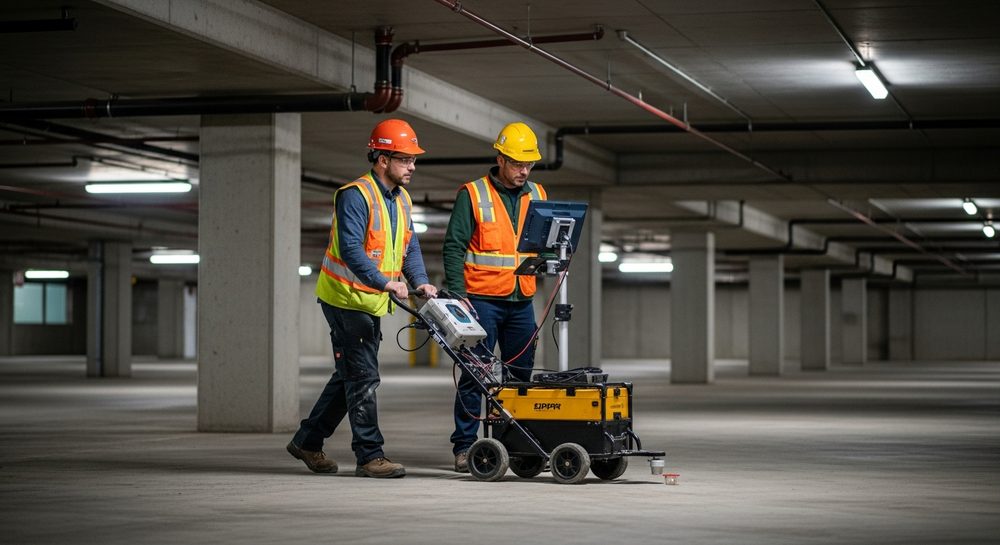 Two-person crew scanning a parking structure deck with GPR equipment.