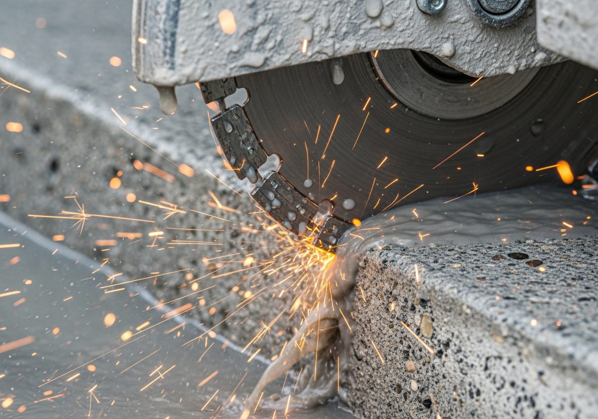 Close-up of a diamond saw blade cutting concrete with sparks and water.