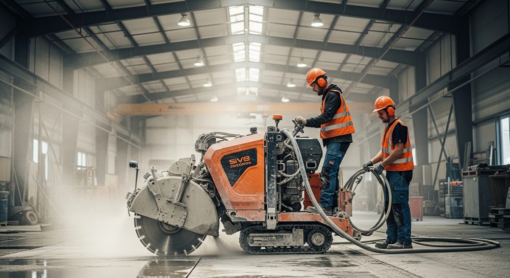 Two-person crew running a walk-behind flat saw on a concrete floor.