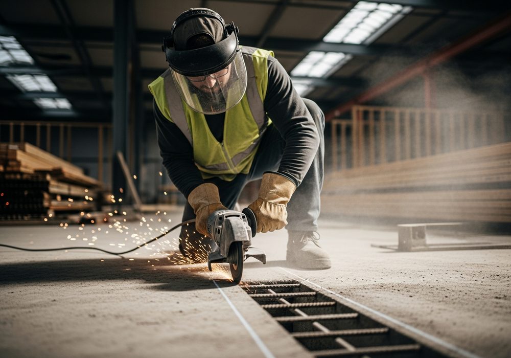 Worker making a precise cut in a concrete slab with a handheld saw.