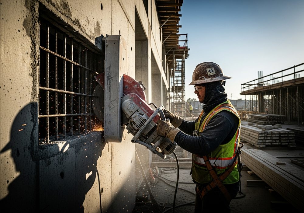 Operator wall sawing an opening in a concrete wall.