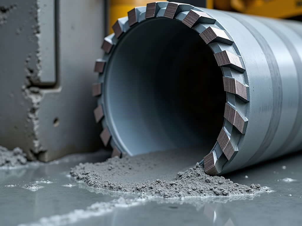 Close-up of a diamond core barrel boring a round hole into a concrete floor.