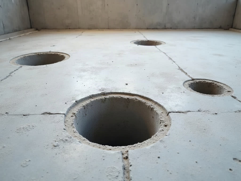 Concrete slab with several clean round cored holes of different diameters.