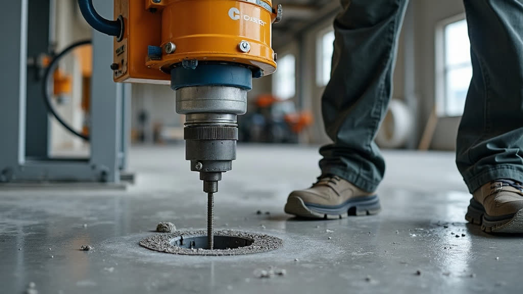 Rig-mounted diamond core drill boring a hole in a concrete floor on a job site.