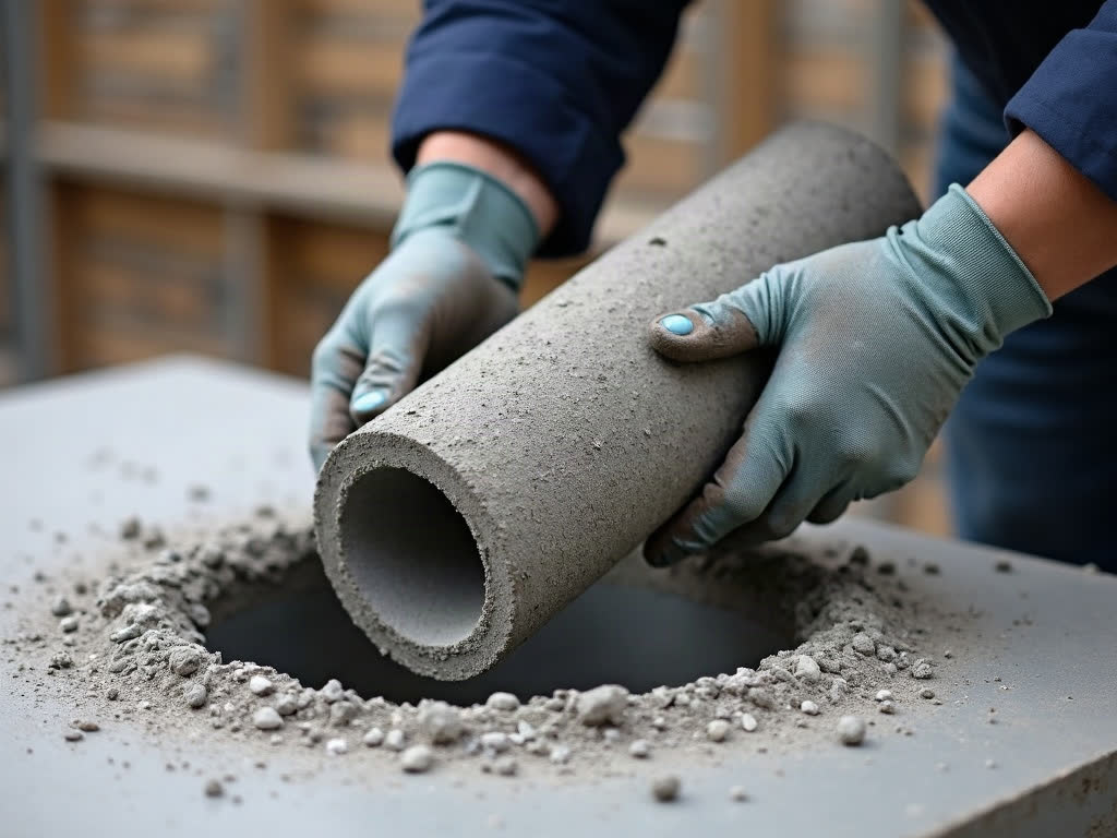 Cylindrical concrete core being lifted out of a freshly drilled hole.