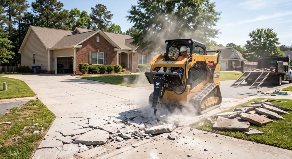 Skid steer breaker hammer breaking up a concrete driveway