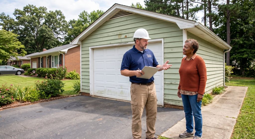Demolition contractor consulting with a homeowner in front of a garage