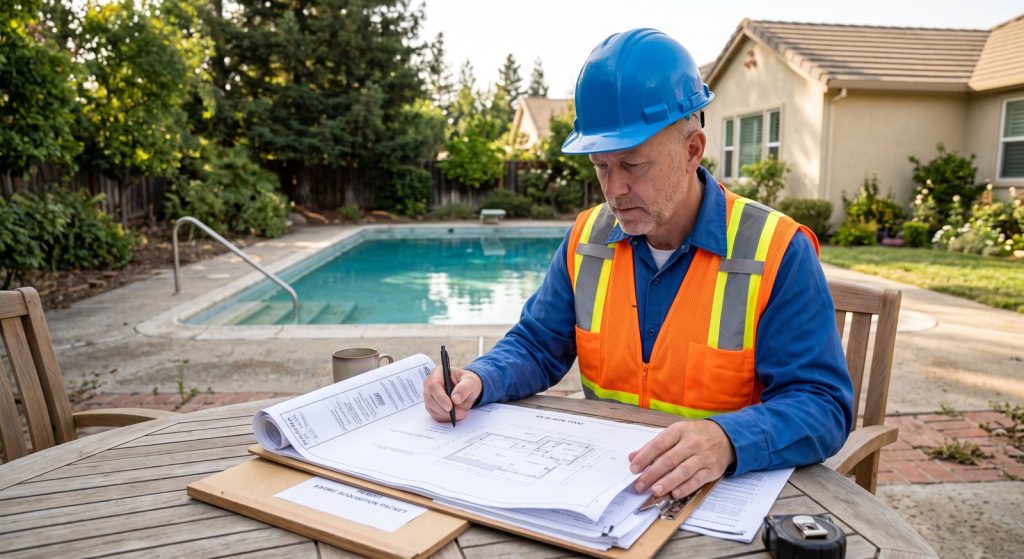 Contractor reviewing pool demolition permit plans beside a backyard pool