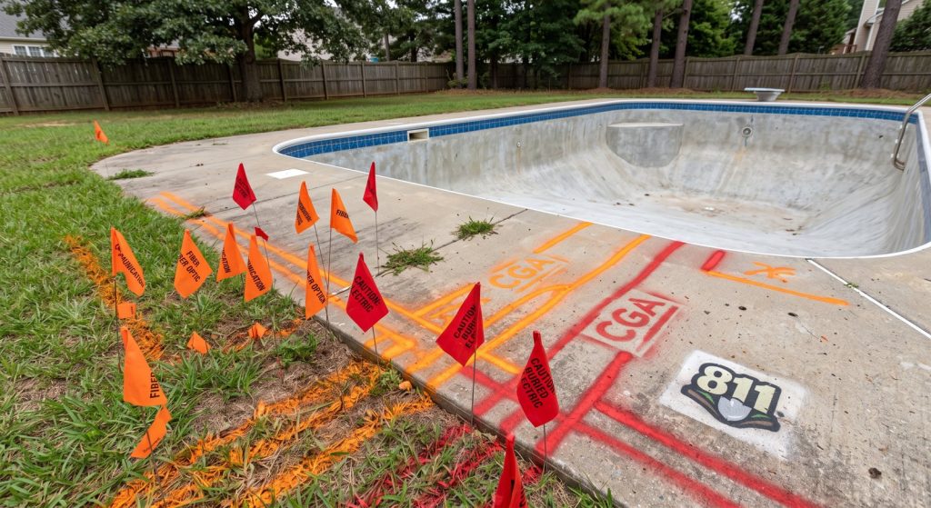 Utility locate paint and flags marked beside a pool before demolition